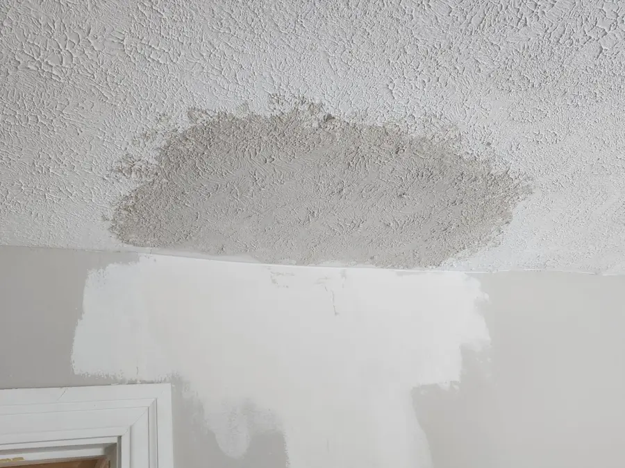A room with a ceiling that has a stain on it.