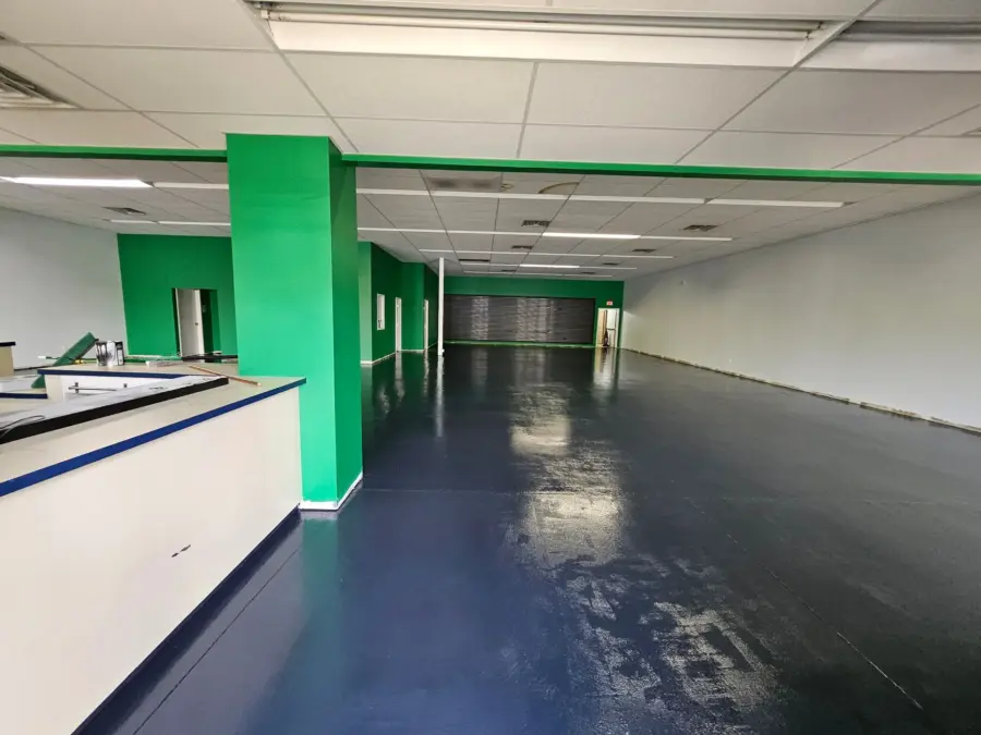 A large empty room with blue floors and green walls