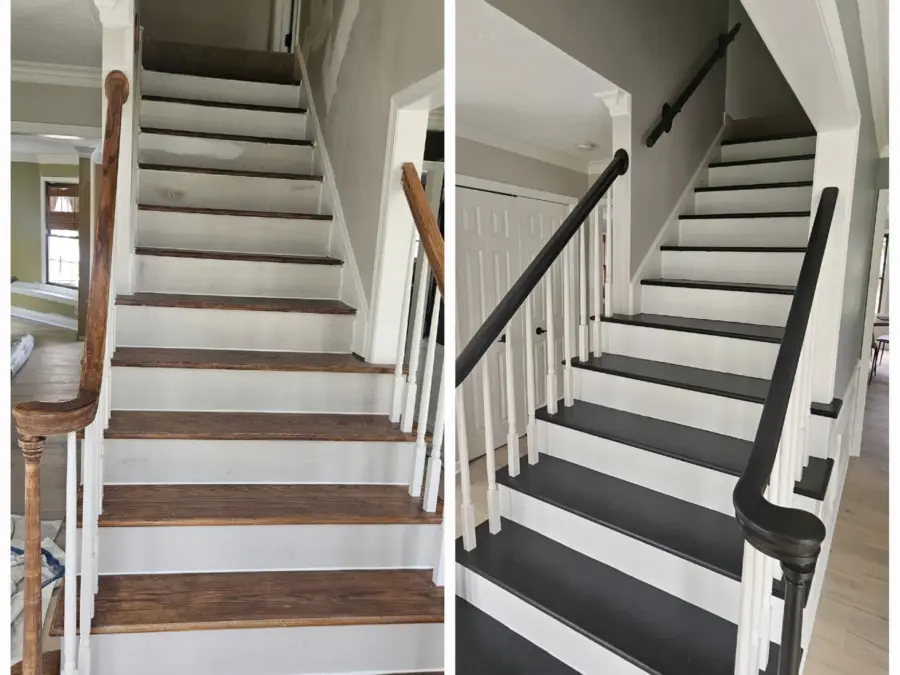 Two pictures of a staircase before and after being painted black and white.