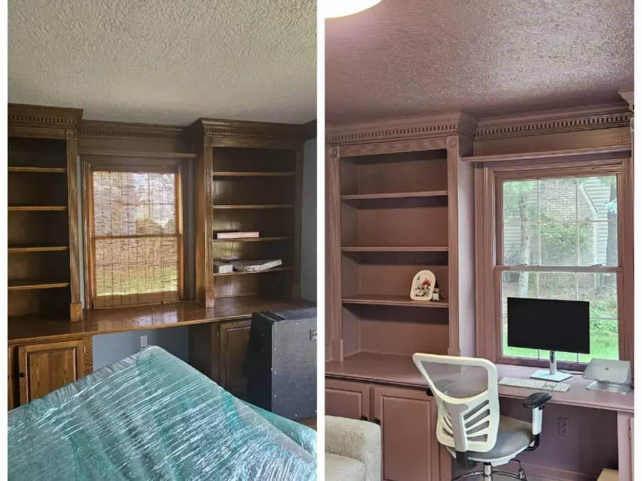 A before and after photo of a home office