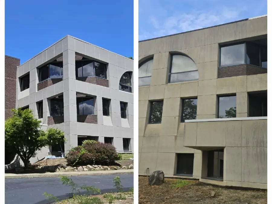 A before and after photo of a building with a lot of windows