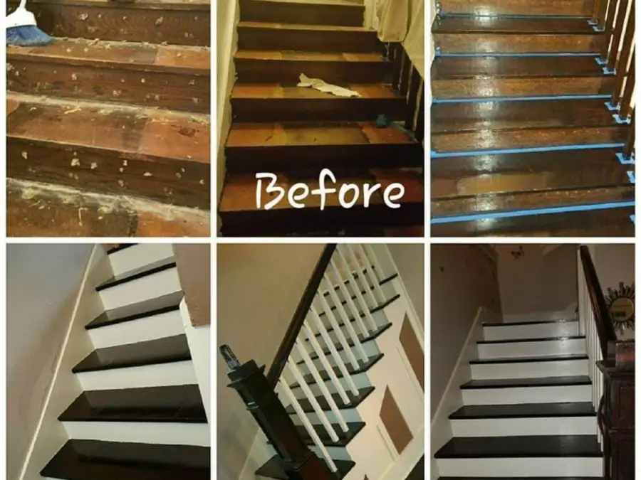 A before and after photo of a wooden staircase