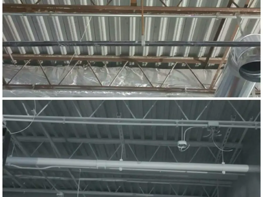 A before and after photo of a metal roof.