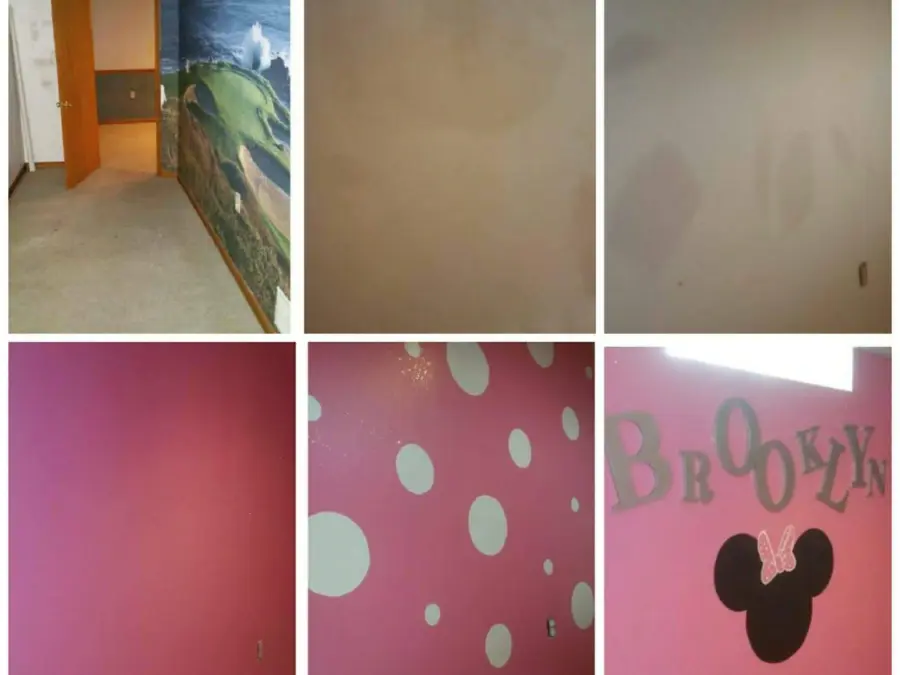 A collage of pictures of a room with the word brooklyn on the wall