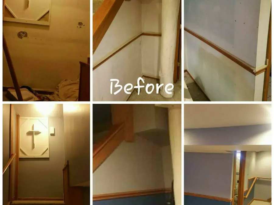 A before and after photo of a basement staircase